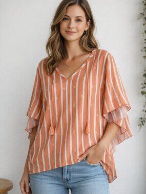$68 Alex & Parker Boho Peach Stripe Tassel Blouse XL Flowy Lightweight Top